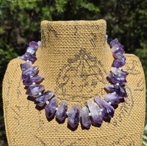 Rough Amethyst Point Pearl Artisan Statement Necklace 925 Sterling Clasp